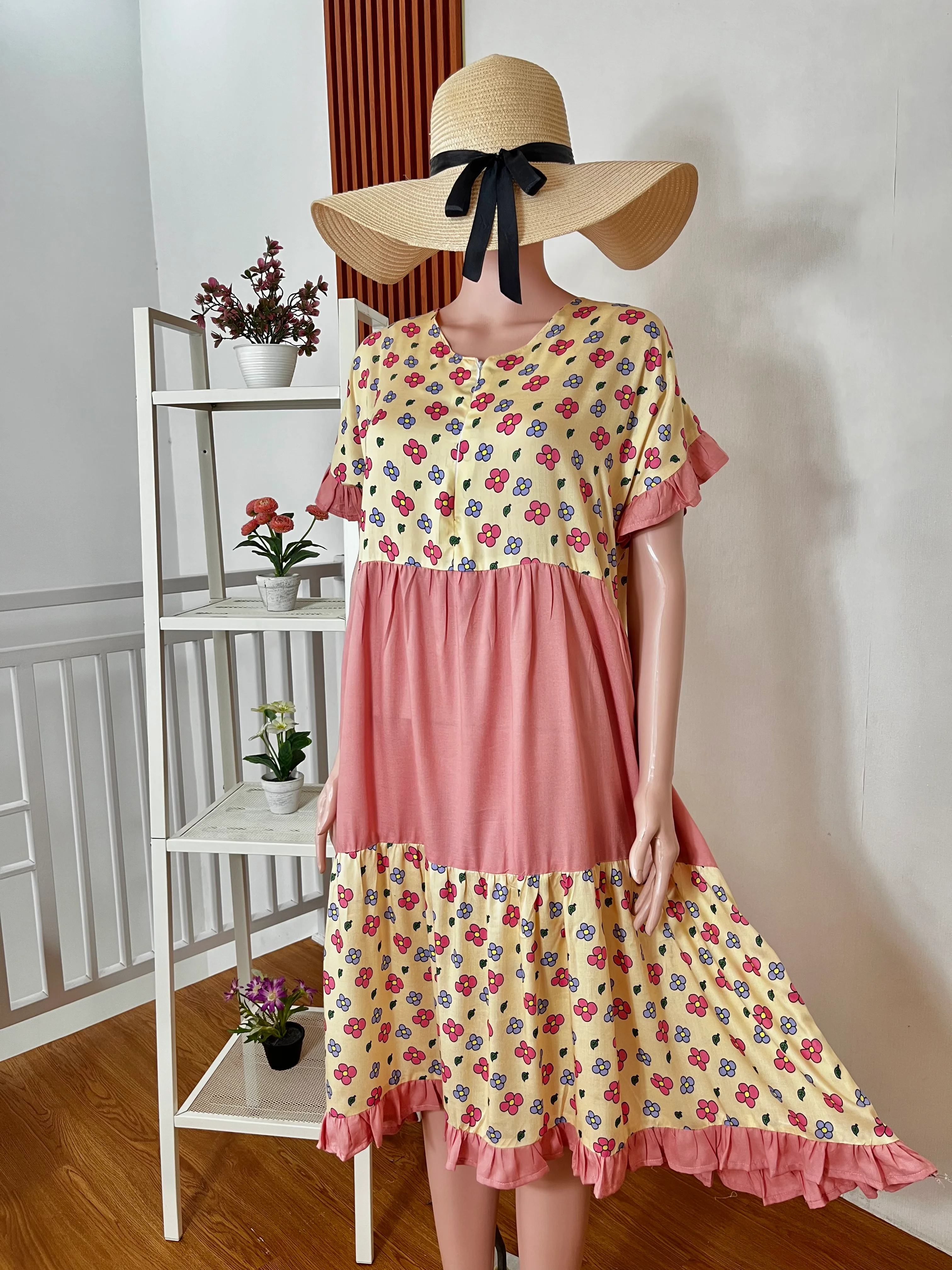Daster Midi Bertingkat Colorblock Bunga & Dusty Rose